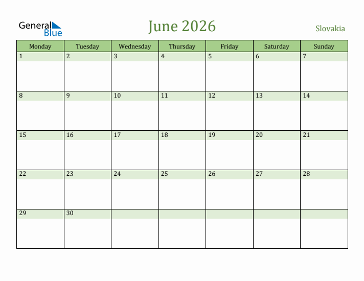 June 2026 Calendar with Slovakia Holidays