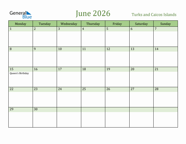 June 2026 Calendar with Turks and Caicos Islands Holidays