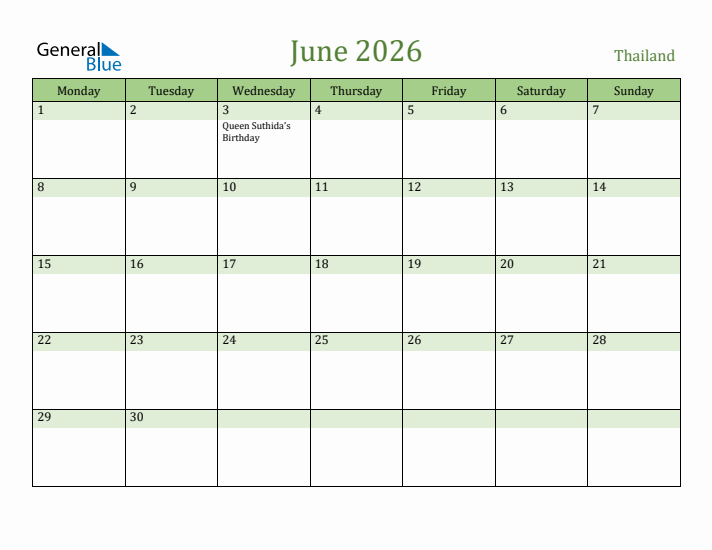 June 2026 Calendar with Thailand Holidays