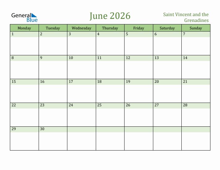 June 2026 Calendar with Saint Vincent and the Grenadines Holidays