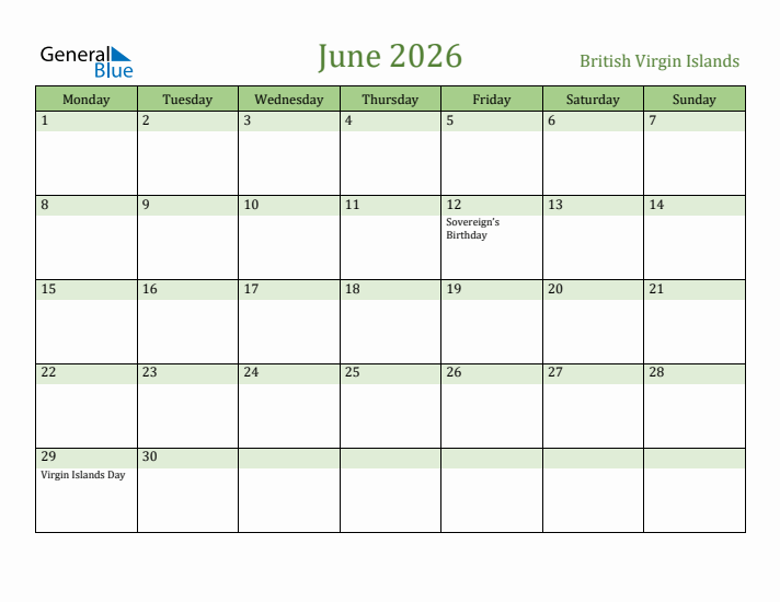 June 2026 Calendar with British Virgin Islands Holidays