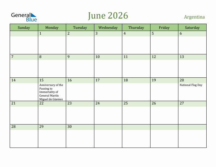 June 2026 Calendar with Argentina Holidays