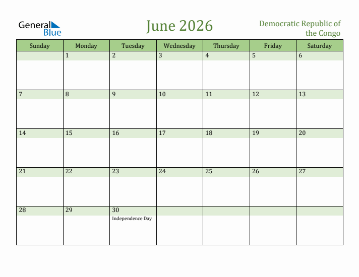 June 2026 Calendar with Democratic Republic of the Congo Holidays