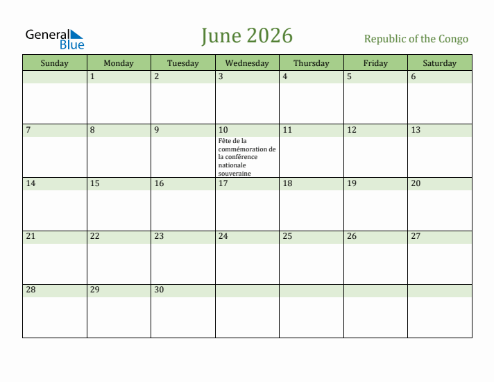June 2026 Calendar with Republic of the Congo Holidays