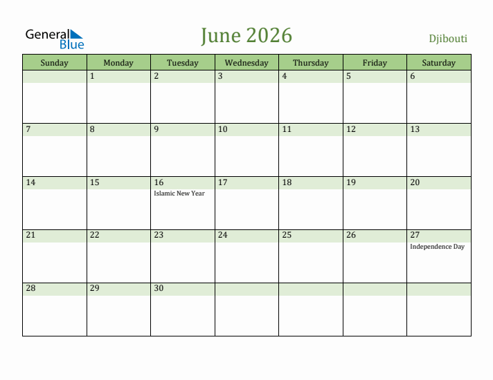 June 2026 Calendar with Djibouti Holidays
