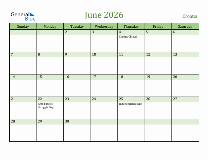 June 2026 Calendar with Croatia Holidays