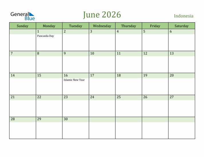 June 2026 Calendar with Indonesia Holidays