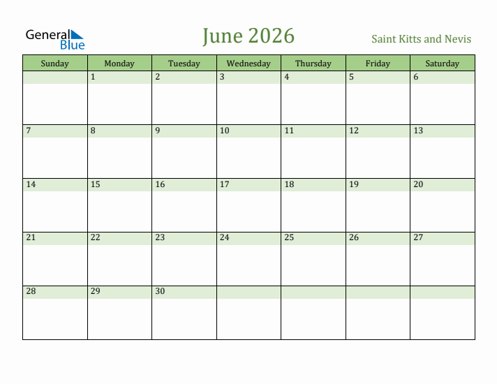 June 2026 Calendar with Saint Kitts and Nevis Holidays