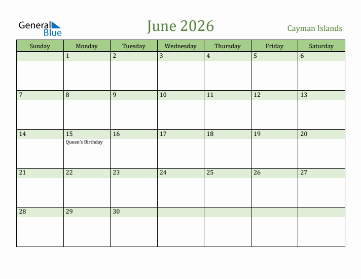 June 2026 Calendar with Cayman Islands Holidays