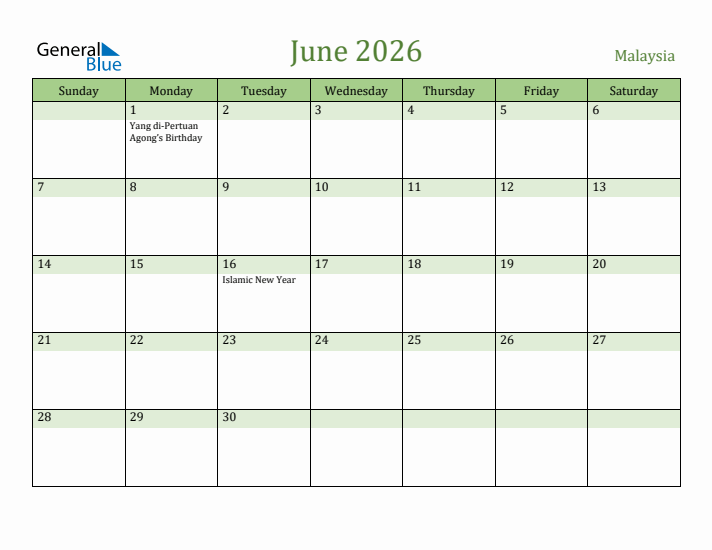 June 2026 Calendar with Malaysia Holidays