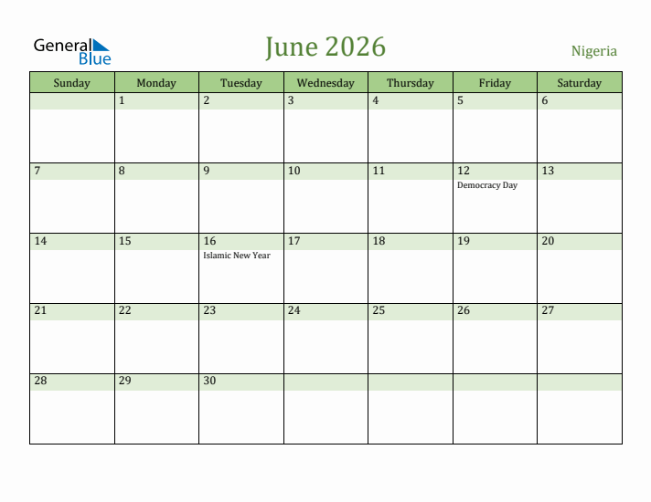 June 2026 Calendar with Nigeria Holidays