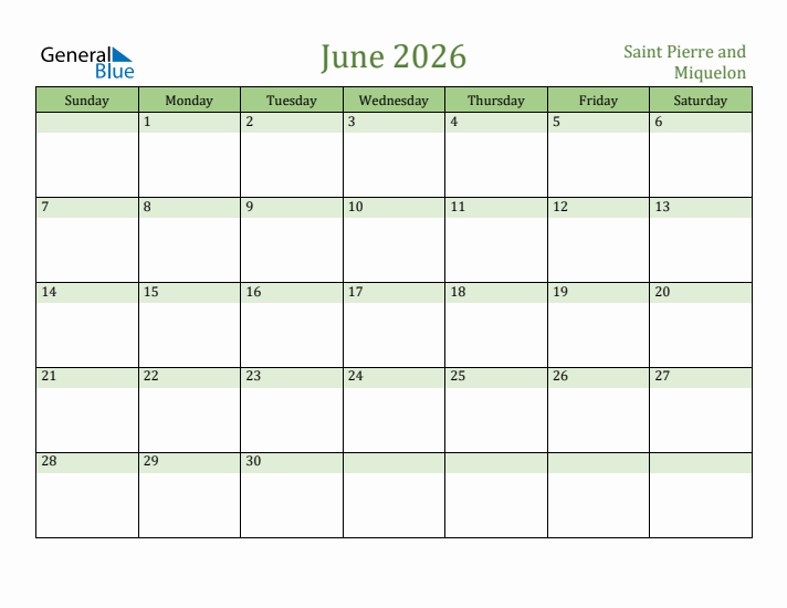 June 2026 Calendar with Saint Pierre and Miquelon Holidays