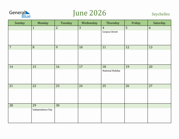 June 2026 Calendar with Seychelles Holidays