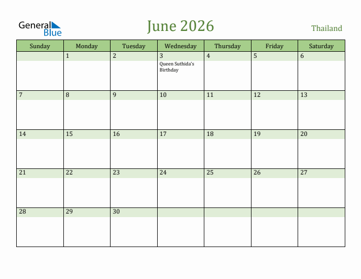 June 2026 Calendar with Thailand Holidays