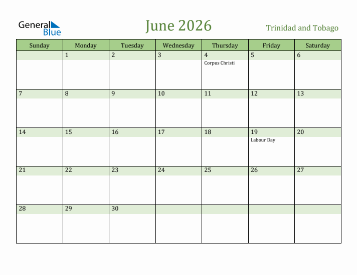 June 2026 Calendar with Trinidad and Tobago Holidays