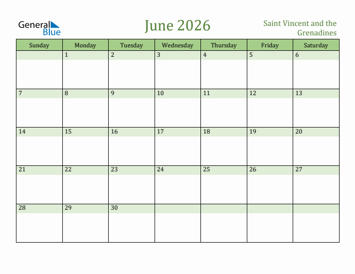 June 2026 Calendar with Saint Vincent and the Grenadines Holidays