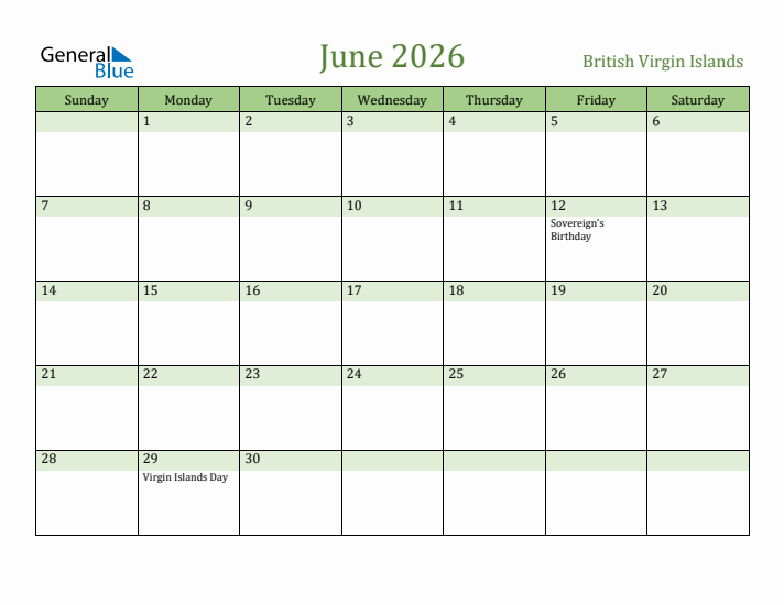 June 2026 Calendar with British Virgin Islands Holidays