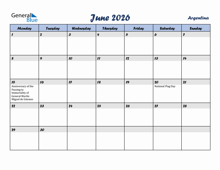 June 2026 Calendar with Holidays in Argentina