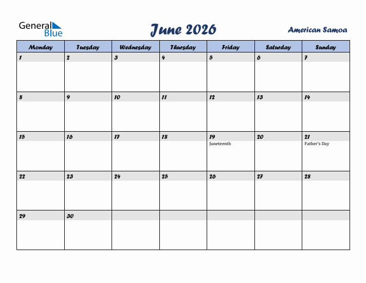 June 2026 Calendar with Holidays in American Samoa
