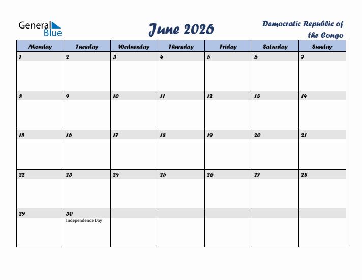 June 2026 Calendar with Holidays in Democratic Republic of the Congo