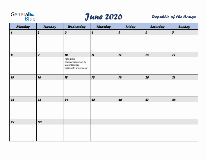 June 2026 Calendar with Holidays in Republic of the Congo