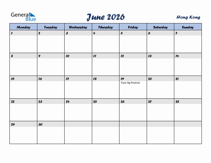 June 2026 Calendar with Holidays in Hong Kong