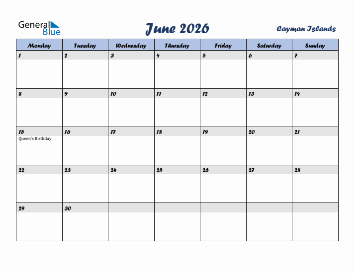 June 2026 Calendar with Holidays in Cayman Islands