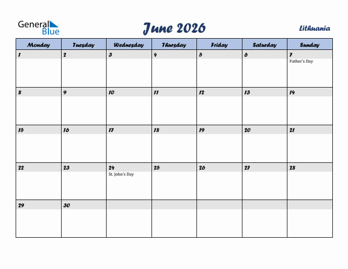 June 2026 Calendar with Holidays in Lithuania