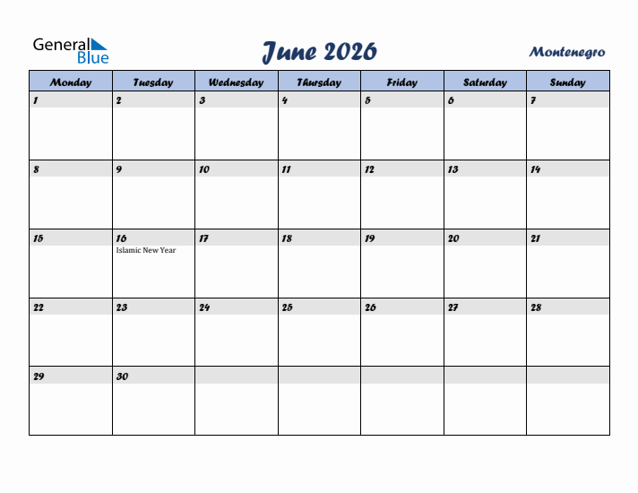 June 2026 Calendar with Holidays in Montenegro