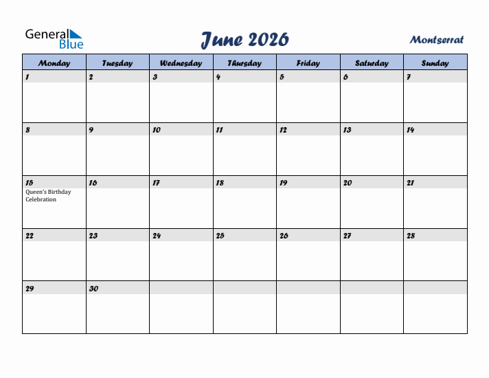 June 2026 Calendar with Holidays in Montserrat