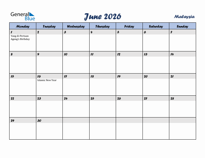 June 2026 Calendar with Holidays in Malaysia
