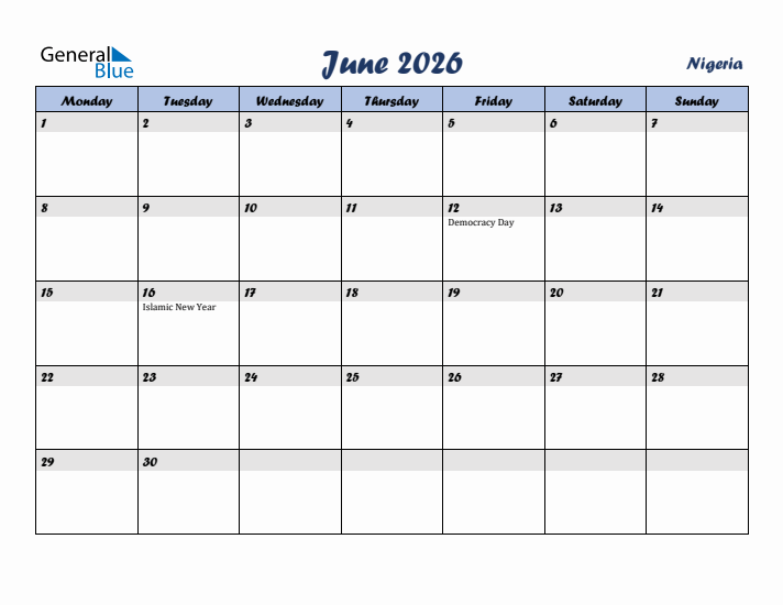 June 2026 Calendar with Holidays in Nigeria
