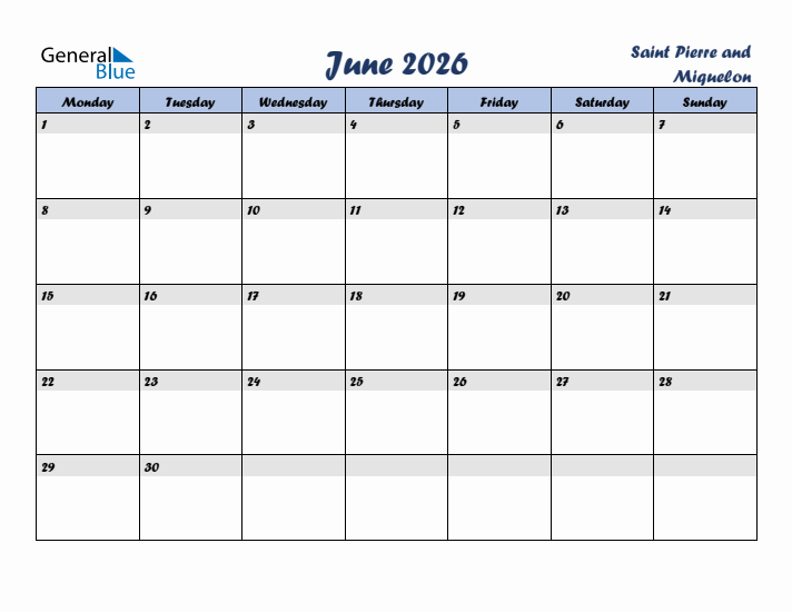 June 2026 Calendar with Holidays in Saint Pierre and Miquelon