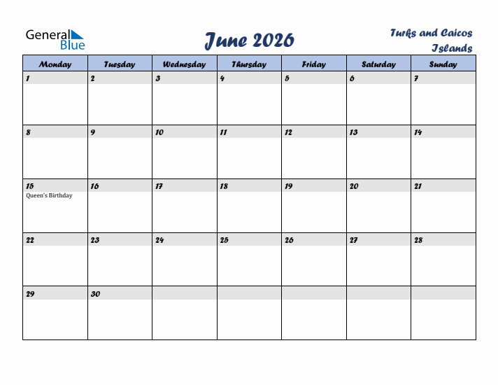 June 2026 Calendar with Holidays in Turks and Caicos Islands