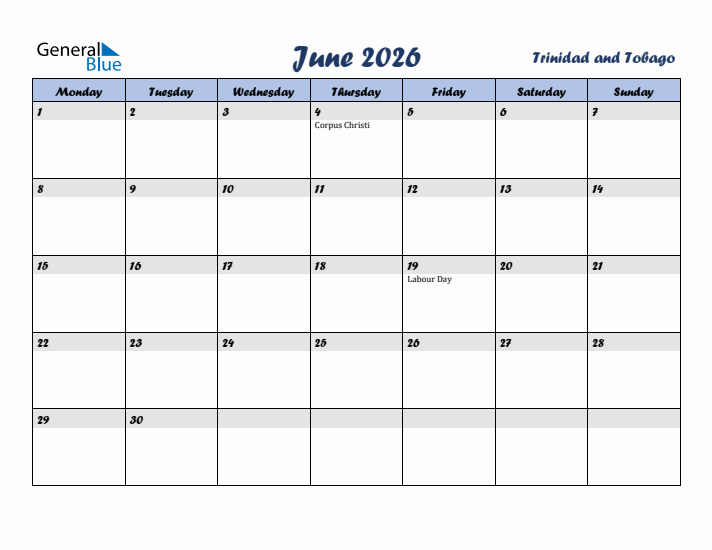 June 2026 Calendar with Holidays in Trinidad and Tobago