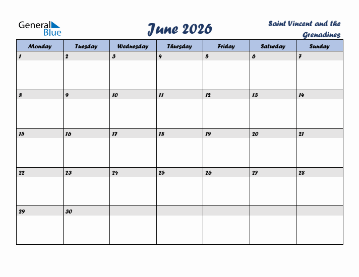 June 2026 Calendar with Holidays in Saint Vincent and the Grenadines