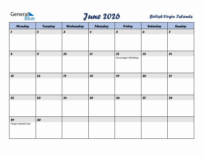 June 2026 Calendar with Holidays in British Virgin Islands