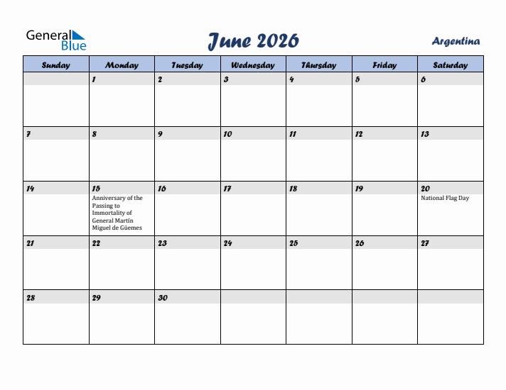 June 2026 Calendar with Holidays in Argentina