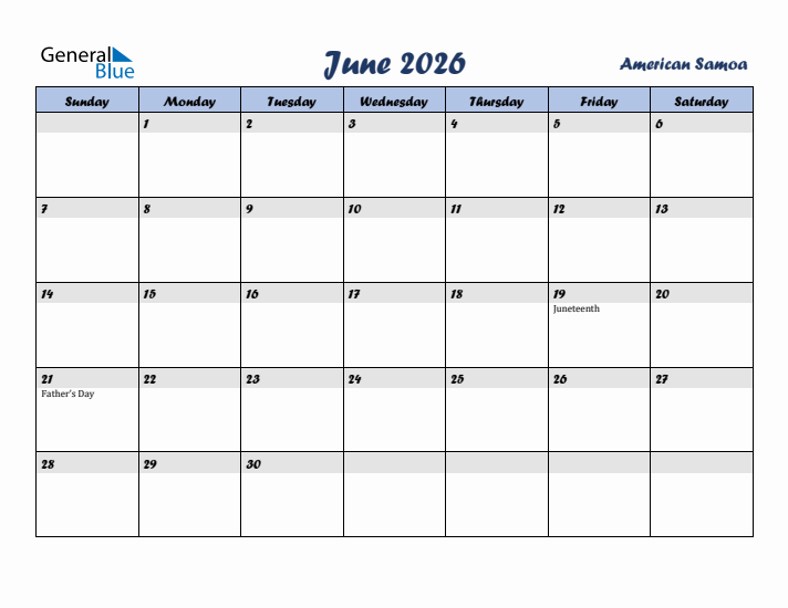 June 2026 Calendar with Holidays in American Samoa