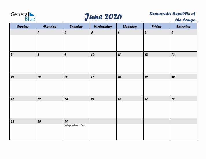 June 2026 Calendar with Holidays in Democratic Republic of the Congo