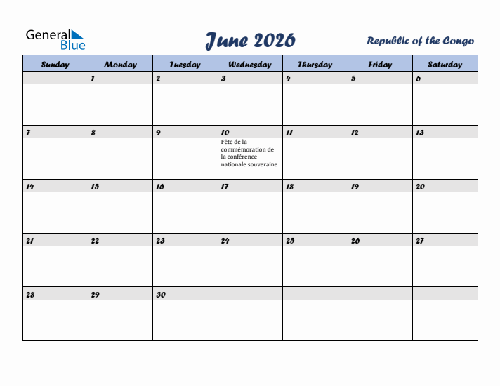 June 2026 Calendar with Holidays in Republic of the Congo