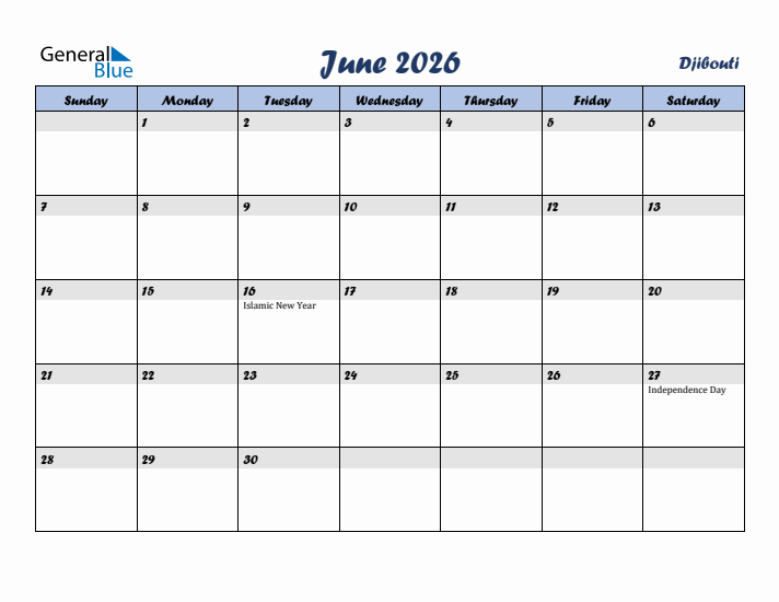 June 2026 Calendar with Holidays in Djibouti