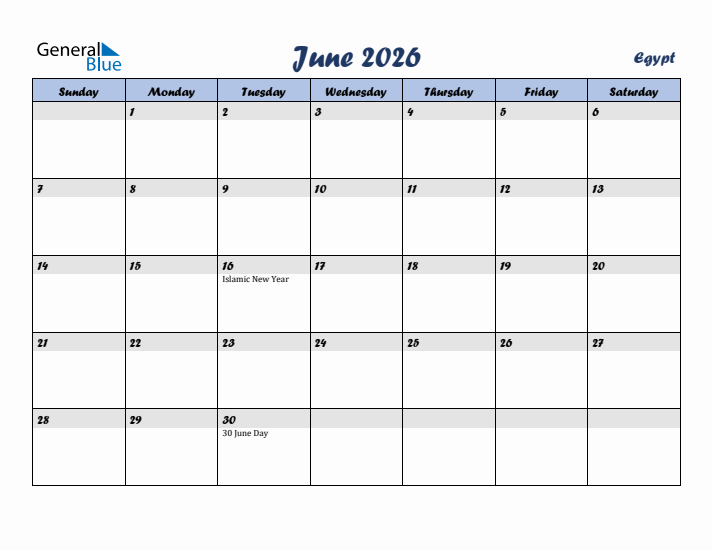 June 2026 Calendar with Holidays in Egypt