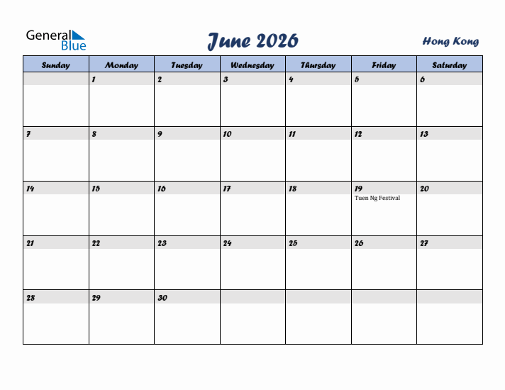 June 2026 Calendar with Holidays in Hong Kong