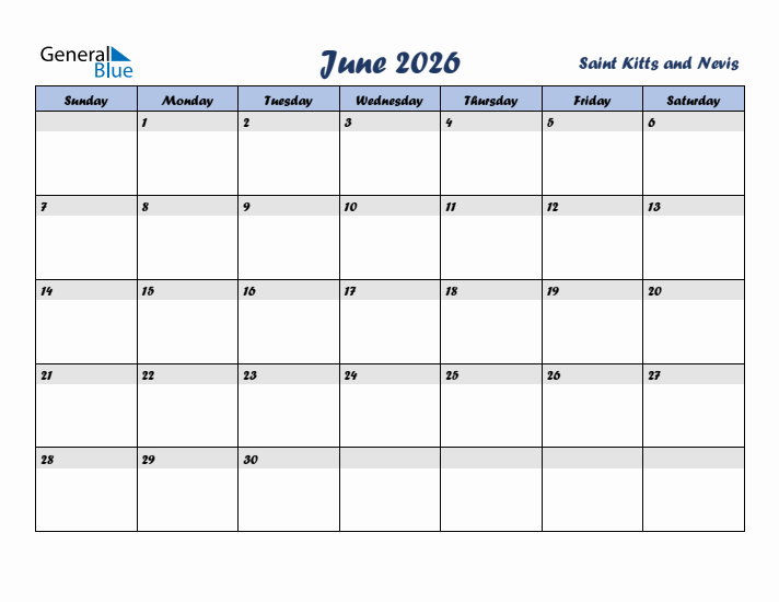 June 2026 Calendar with Holidays in Saint Kitts and Nevis