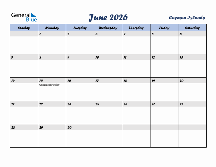 June 2026 Calendar with Holidays in Cayman Islands