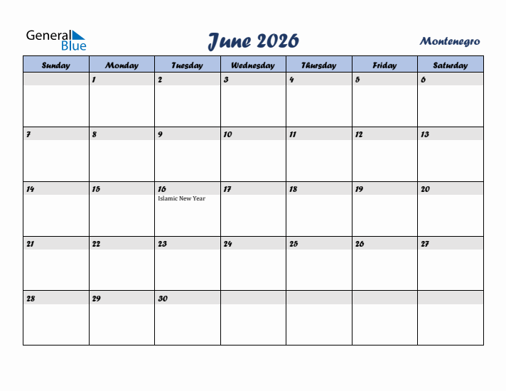 June 2026 Calendar with Holidays in Montenegro