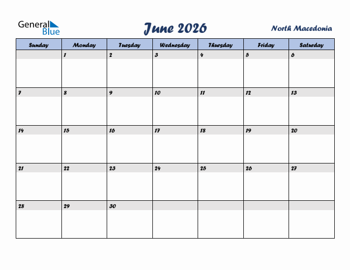 June 2026 Calendar with Holidays in North Macedonia