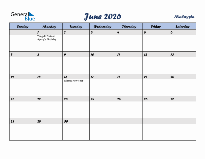 June 2026 Calendar with Holidays in Malaysia