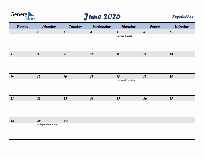 June 2026 Calendar with Holidays in Seychelles